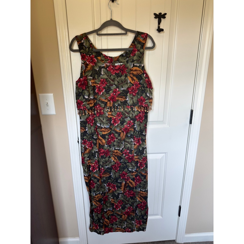 Vintage Schemes Tropical Floral Beaded Maxi Dress Green Red Rayon Size 18
